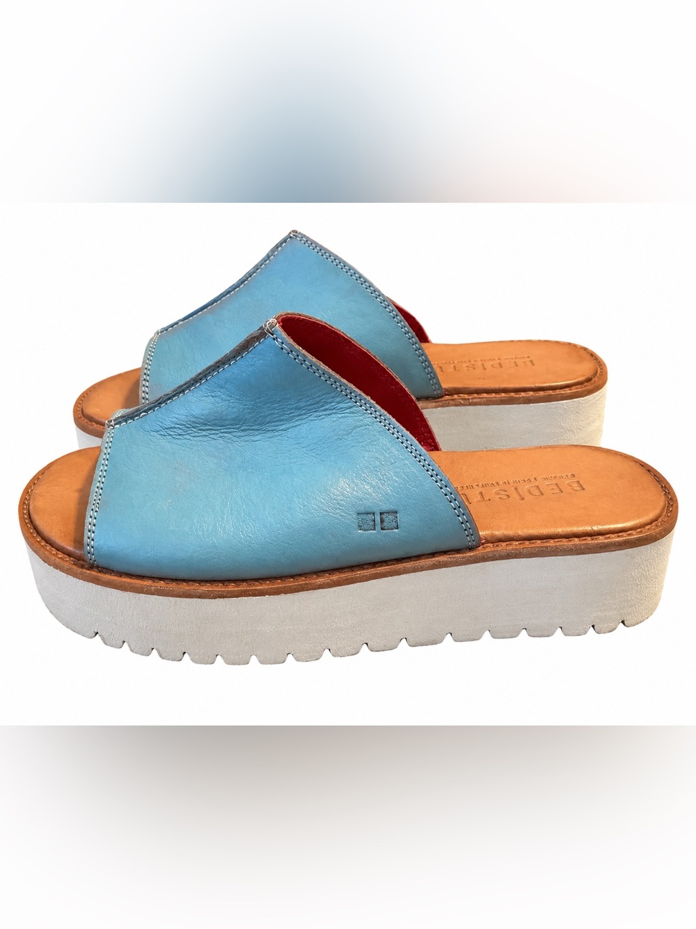 BED|STÜ Fairlee II Platform Slide Sandals Blue Leather Size 9.5